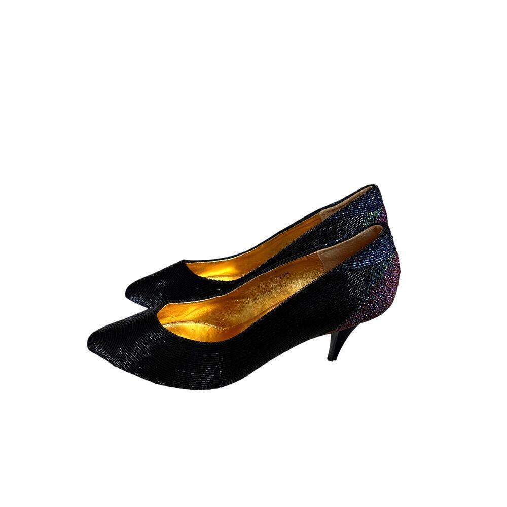 Vintage J. Reneé Black Peacock Beaded Heels Size 10M
